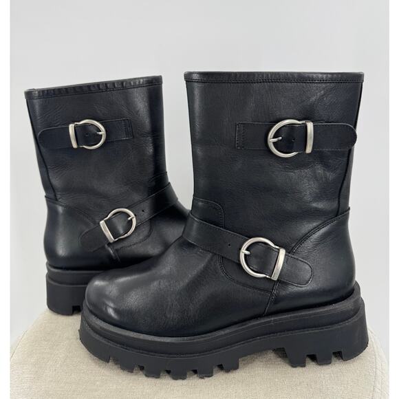 Maeve Anthropologie Black Leather Moto Boots NWOB Combat Boot Mid Calf 10 41 - Picture 1 of 5